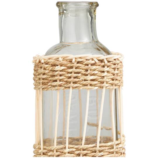 15" Clear Glass Handmade Vase with Light Brown Rattan Woven Body